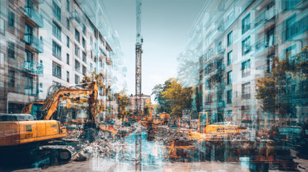 Heavy machinery works on an urban construction site surrounded by buildings, showing progress in the city.の素材