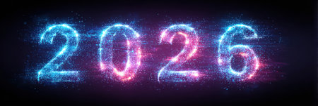 Glowing numbers of the year 2026 are displayed in bright pink and blue against a dark backdrop, showcasing a futuristic vibe.の素材