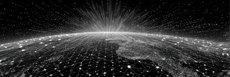 Digital Earth illustration featuring a network of radiant lines extending into space, symbolizing communication and technology.の素材