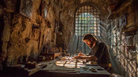 Skilled artisan focuses on detailed work in a historical workshop, enhanced by sunlight casting dramatic shadows through the window.の素材