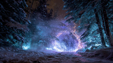 A stunning winter forest scene features a glowing circular portal surrounded by snow-covered trees on a crisp night.の素材