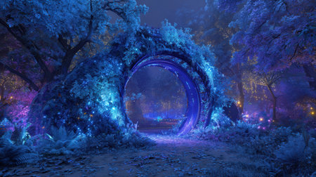 A stunning archway surrounded by vibrant foliage glows with soft purple and blue lights. The enchanting scene comes alive at night.の素材
