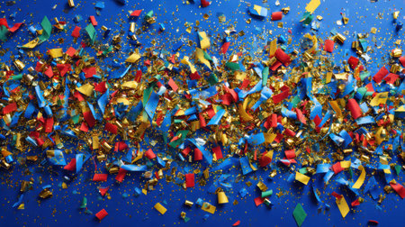 Bright colors of confetti and glitter are scattered across a vibrant blue surface, creating a festive atmosphere ideal for celebrations.の素材