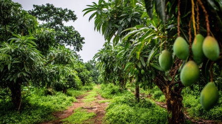 Lush mango trees line the pathway, ripe fruit hanging amidst the vibrant green foliage on a cloudy day in the orchard.の素材