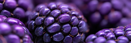 The vibrant blackberries in detail, highlighting their juicy texture and deep purple tones during a sunny day.の素材
