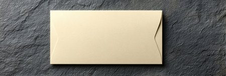 A neutral-toned envelope lies flat on a dark stone surface, creating a simple and elegant composition.の素材