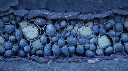 Intricate blue structures display cellular composition, showcasing the unique textures and patterns visible at high magnification levels.の素材