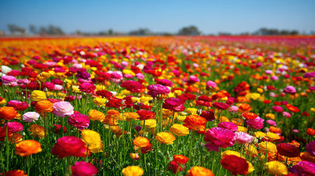 A vast field filled with vibrant ranunculus flowers in various colors stretches under a clear blue sky, signifying the beauty of spring.の素材