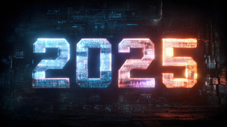 Colorful glowing numbers display the year 2025 in a high-tech digital setting, emphasizing a futuristic vibe and advanced technology.の素材
