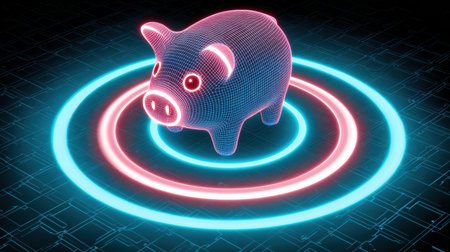 A glowing digital piggy bank emits neon colors in a dark setting, representing savings and financial technology in a creative way.の素材