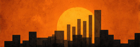 A vibrant sunset casts a warm glow over a city skyline, highlighting the dark silhouettes of buildings against the colorful sky.の素材