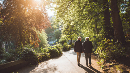 Two senior individuals stroll hand in hand on a peaceful path surrounded by vibrant trees and warm sunlight in the evening.の素材