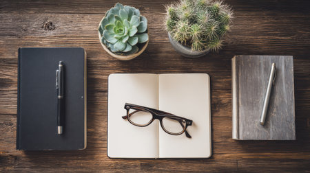 Notebooks, reading glasses, and potted succulents are neatly arranged on a rustic wooden table, showcasing a creative workspace setup.の素材