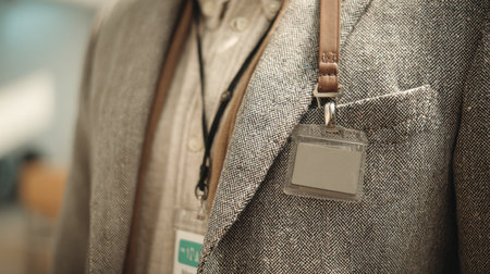 Individual in a gray suit with an access badge stands in a busy conference venue, engaged in activities.の素材