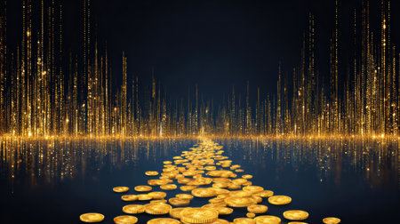 Golden coins lay on a shiny surface, forming a pathway as sparkling lights rise in the background, creating a magical atmosphere.の素材