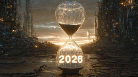 A glass hourglass displays the year 2026 in a barren terrain, surrounded by towering structures and a striking sunset.の素材