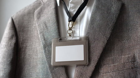 A person wears a suit with a blank name badge, symbolizing readiness for a professional event or networking opportunity.の素材