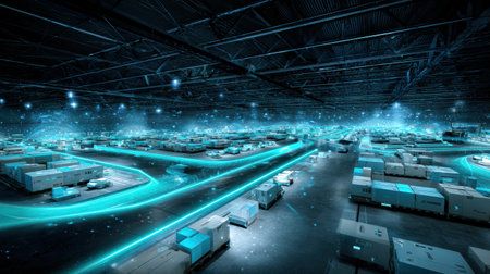 High-tech logistics facility illuminated with blue lights, displaying a streamlined layout of shipping containers and technology in action.の素材