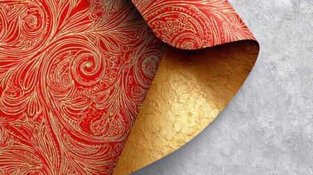 Beautiful red decorative paper with swirling patterns is unrolled, exposing a shiny gold underside against a smooth gray surface.の素材