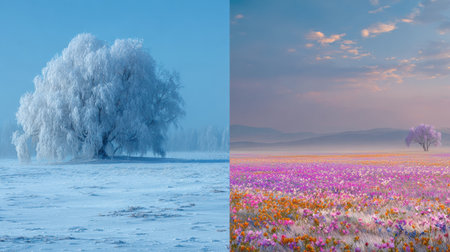 This scene contrasts a snowy winter tree with a colorful spring flower field, highlighting seasonal beauty in nature.の素材