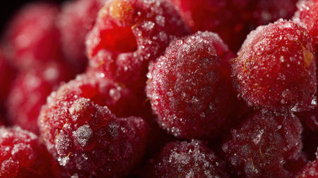 Fresh frozen raspberries covered in frost highlight their rich color and natural sweetness, perfect for desserts or smoothies.の素材