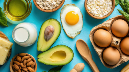 A vibrant collection of nutritious foods including eggs, avocado halves, oats, and nuts displayed on a bright blue surface.の素材