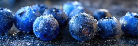 Frosty blueberries on a cool surface showcase their vibrant color and icy texture for a refreshing taste.の素材