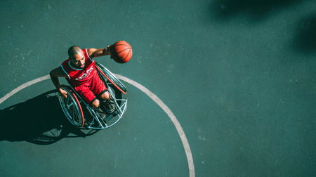 Athlete in red jersey focuses on shooting a basketball while seated in a wheelchair on a sunny outdoor courtの素材