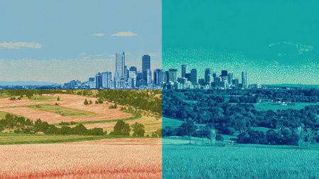 This scene highlights the stark differences between a bustling city skyline and serene agricultural fields under a clear sky.の素材