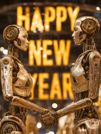 Two shiny, metallic robots engage in a handshake amidst glowing New Year decorations, symbolizing unity and celebration.の素材