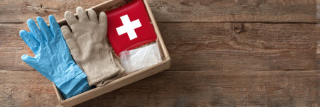 An organized first aid kit is displayed with blue gloves, tan work gloves, and essential medical supplies ready for emergencies.の素材