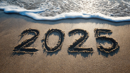 Waves gently wash over numbers etched in sand, marking the year 2025 on a tranquil beach at sunset, capturing the moments beauty.の素材