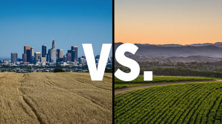 View of a vibrant city skyline on one side and lush vineyards in rolling hills at sunset on the other side, showing Californias diversity.の素材