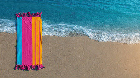 A vibrant beach towel in pink, orange, and blue is placed on golden sand near calm ocean waves under a clear sky.の素材