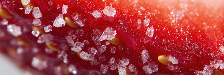 A detailed close-up shows a bright red fruit covered in glistening sugar crystals, highlighting its juicy texture and seeds.の素材