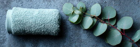 A green towel rolls beside vibrant eucalyptus leaves on a rough surface, creating a calm and natural setting for relaxation or wellness.の素材