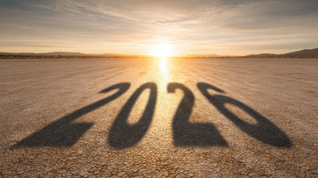 At sunset, shadows create the number 2026 on parched earth in a vast desert landscape, emphasizing the fading day and future possibilities.の素材