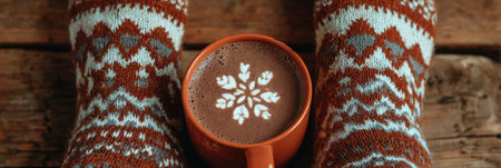 Cozy socks rest on a wooden surface beside a cup of hot chocolate, beautifully topped with a snowflake design, evoking winter warmth.の素材