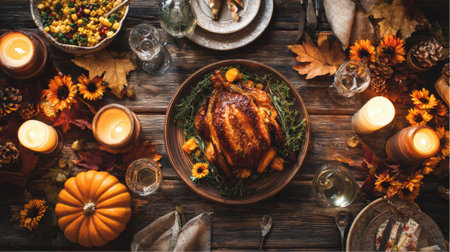 Dinner table is beautifully arranged with roasted turkey, fall vegetables, flowers, and candles, celebrating the autumn season.の素材