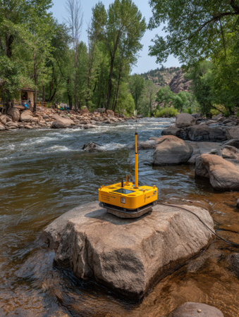 A yellow water monitoring device rests atop a large rock in a clear river, while lush greenery and distant hills create a serene backdrop.の素材
