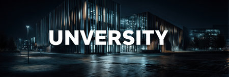 A contemporary university structure glowing under night lights amid a city landscape, showcasing sleek architectural design and reflection.の素材