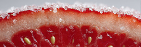Fresh strawberry slice glistens with sugar crystals, showing its vibrant red color and tiny seeds against a soft backdrop.の素材
