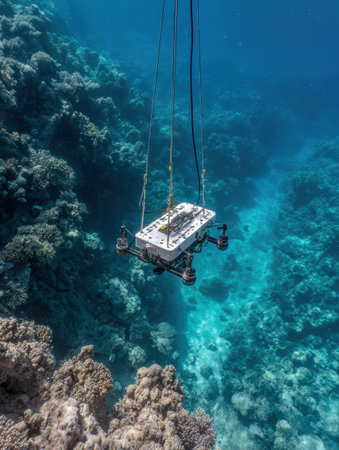 A remote-operated vehicle descends into vibrant coral reefs, showing the underwater wonders in clear blue waters.の素材