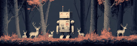 A robot interacts with a group of deer in a tranquil forest filled with trees and soft foliage, showing harmony between nature and technology.の素材
