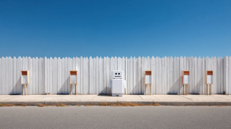 A friendly robot stands on a sidewalk among vintage mailboxes, with a bright blue sky providing a cheerful backdrop to the scene.の素材