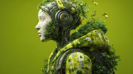 A striking figure combines nature and technology, enveloped in greenery with vibrant colors.の素材