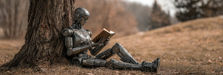 A robot is sitting against a tree, deeply engaged in reading a book in a peaceful park setting during early spring.の素材