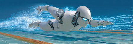 A sleek robot swimmer dives through a modern pool, surrounded by glowing digital data and water splashes, showing advanced technology in motion.の素材
