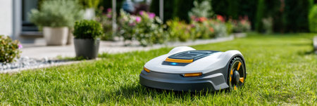 A robotic lawn mower traverses a lush green lawn in a vibrant garden filled with flowers under clear skies.の素材