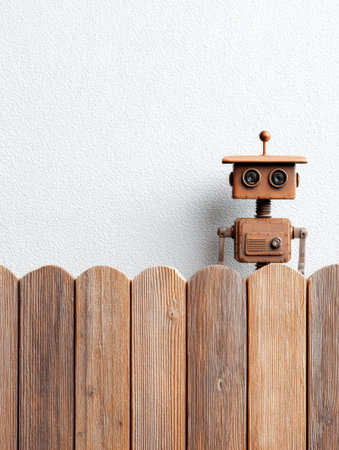 A vintage robot with big eyes is peeking over a brown wooden fence, creating a playful and nostalgic atmosphere.の素材